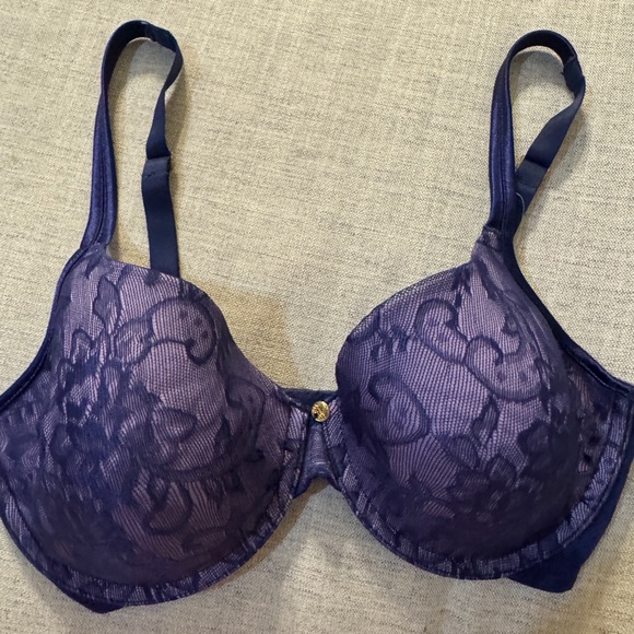Natori Bra floral lace purple navy blue peekaboo lavender lightly lined NEW 32DD - Picture 1 of 6
